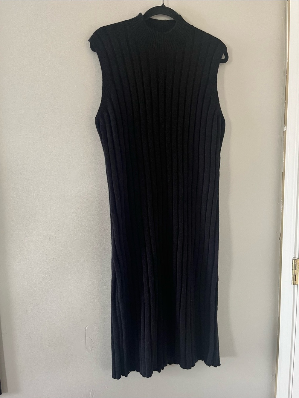 Black Ribbed Knit Midi Dress Large Sleeveless Mock Neck Minimalist Capsule